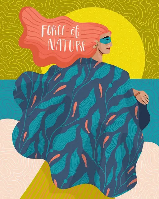 Woman with flowing coral hair wrapped in a kelp-print cloak